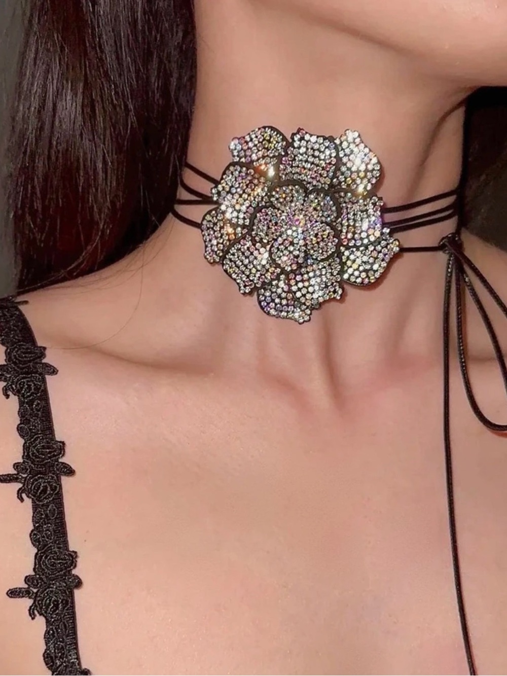 Crystal Flower Black Choker Necklace